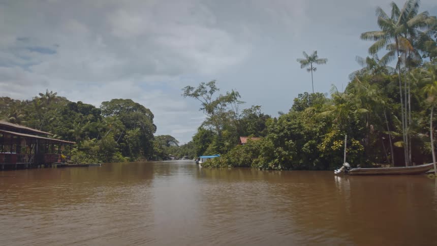 Muddy river surrounded by dense tropical vegetation and riverside houses with boats docked
