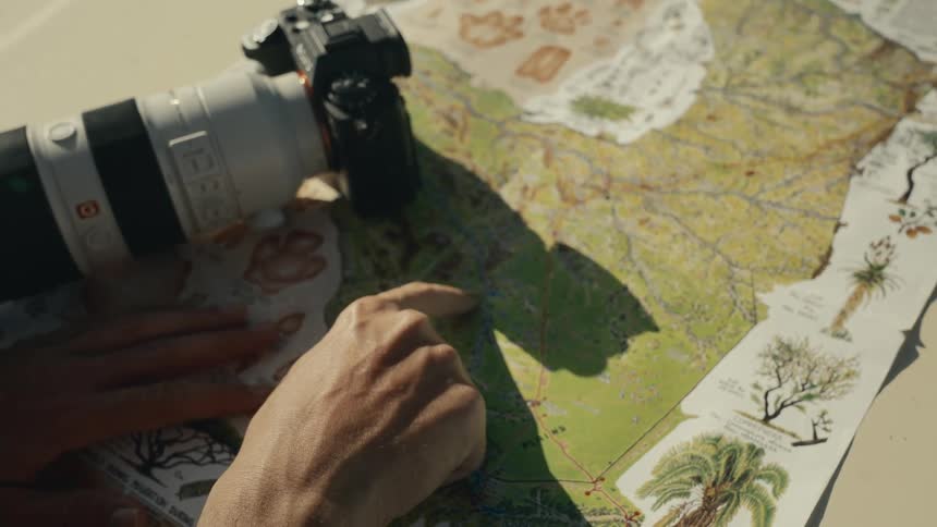 A traveler points out a route on a map beside a camera
