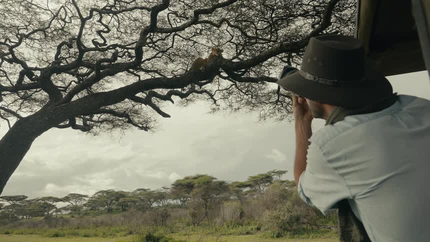 A young man wearing a sun hat stands beside a shack in the wild taking pictures of the forest at midday