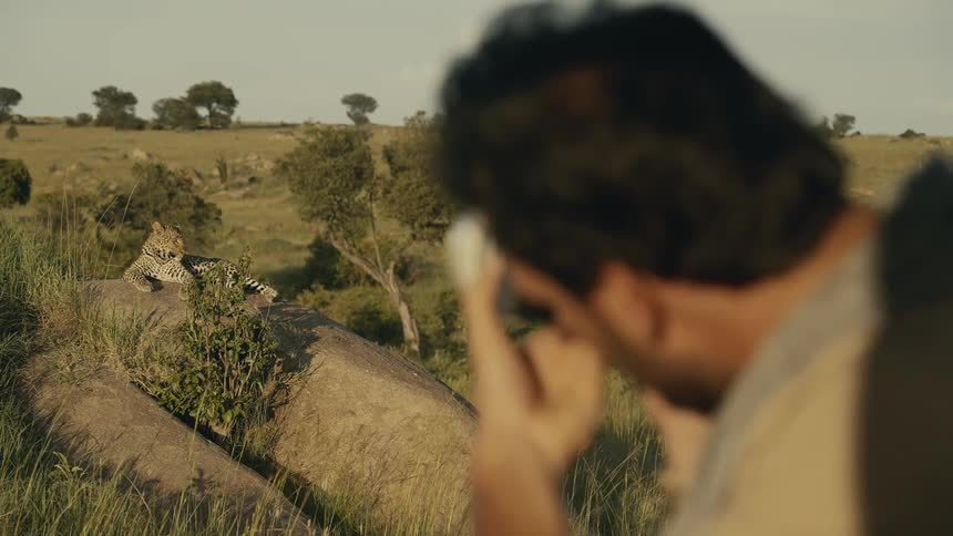 Man photographs a leopard lying on a rock in the savannah
