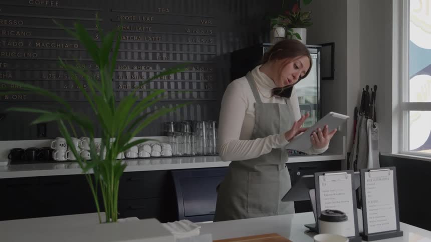 Cafe attendant uses a tablet while talking on the phone behind the counter