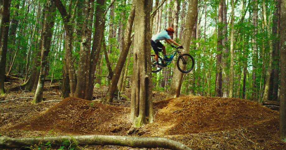 Cyclist with an orange helmet jumps with the bike on a forest trail