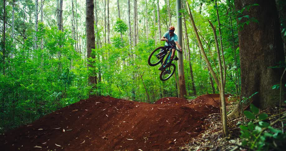 Rider launches off a dirt jump on a singletrack through dense green woods
