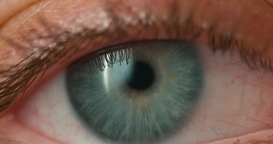The video is a macro shot of a persons eye showing a closeup of the light blue iris the eye blinks once before the video ends