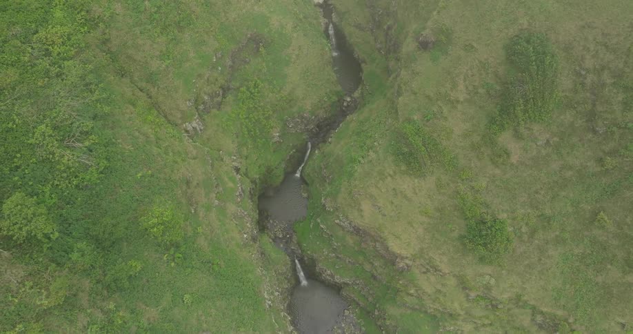 Aerial view of a winding river cutting through green grassy terrain