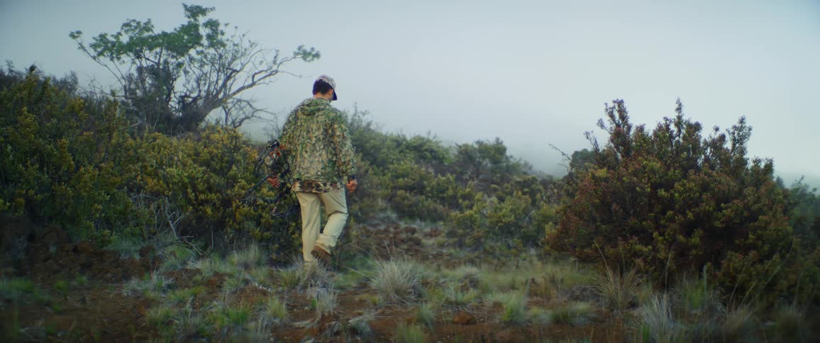 The hunter is carrying a bow as he walks past the bushes