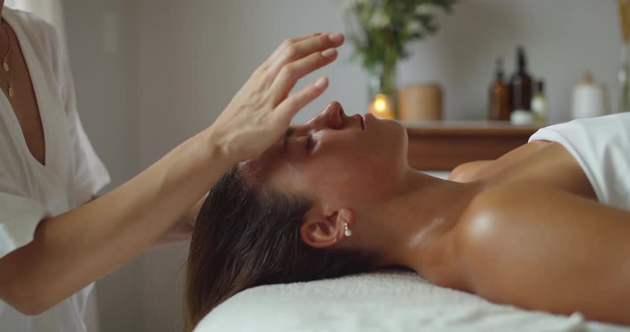 A masseuse in a white top uses both hands to give a facial massage to a client with her eyes closed as she lies on her back on a massage table covered with a white towel