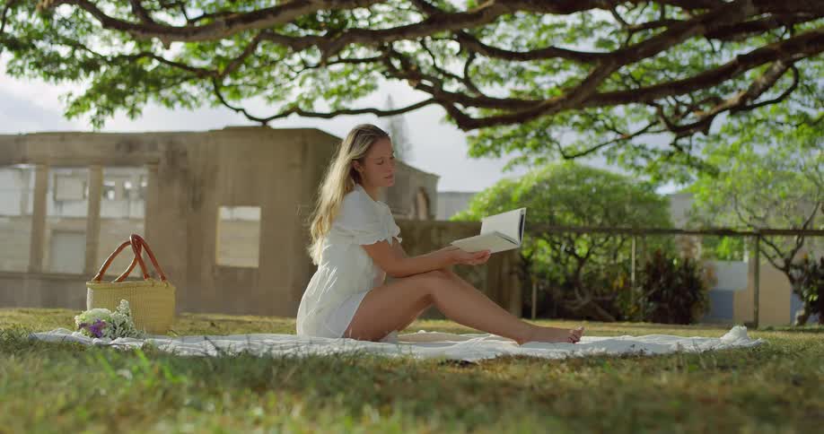 The woman is having a picnic under the tree