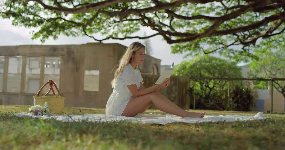 A woman with a book sitting on a blanket under the shade of a large tree relaxing and reading on a sunny day with an old building in the background