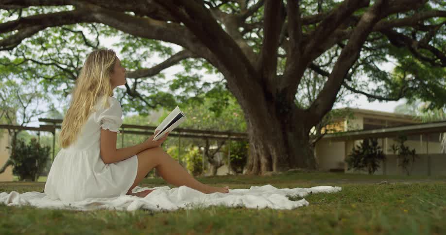 A tranquil moment of a woman in a white dress reading on a blanket beneath a sprawling tree canopy