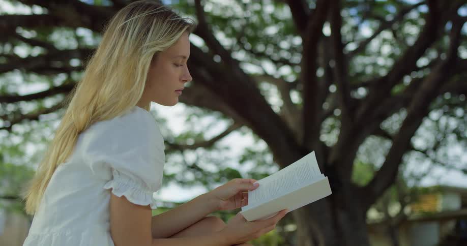 A blonde woman is sitting outdoors reading a book she is wearing a white dress and is under the shade of a large leafy tree