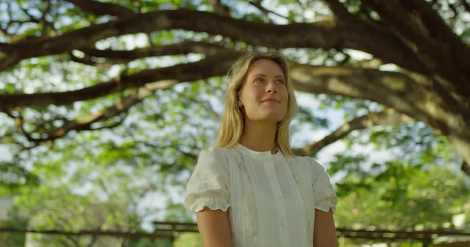 Sky filtered through the leaves as woman looks upward