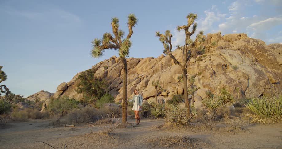 The woman is standing by a tree in the desert