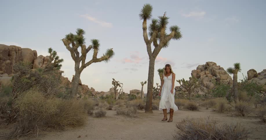 A woman in a white dress and cowboy boots walks through a desert landscape filled with joshua trees and rocky formations