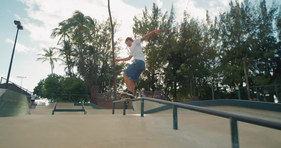 The man is skateboarding in the park