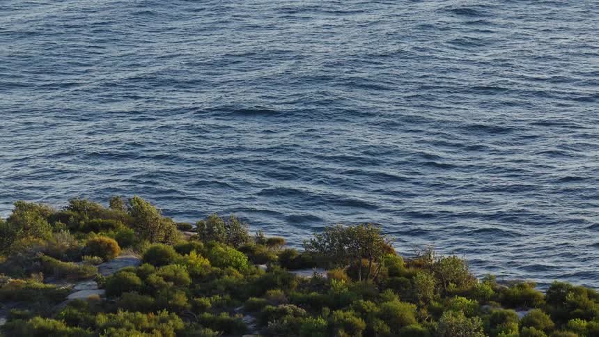 A high angle view shows the choppy dark blue water of an ocean with a small green landmass in the foreground