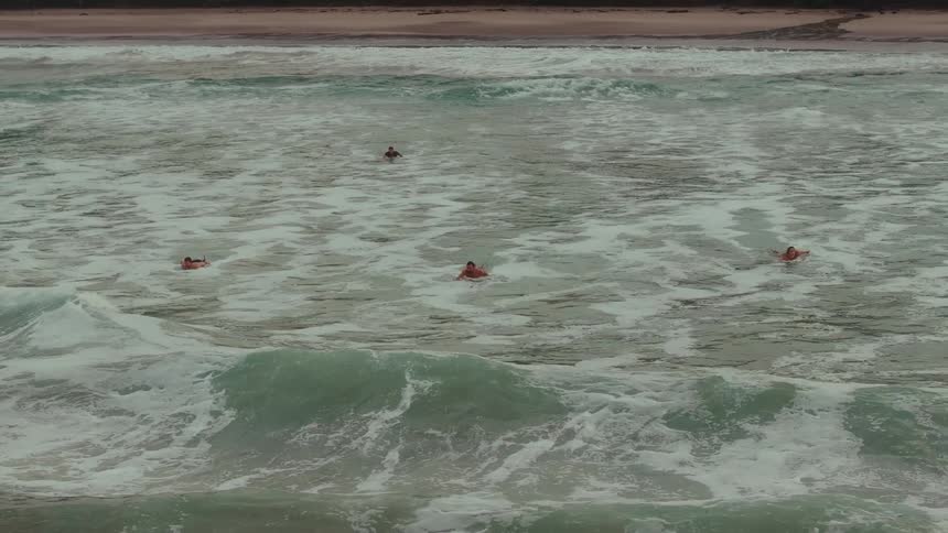 Several surfers are waiting on their boards in choppy foamcovered waves near a sandy beach they are paddling and moving with the waves positioning themselves to catch a ride