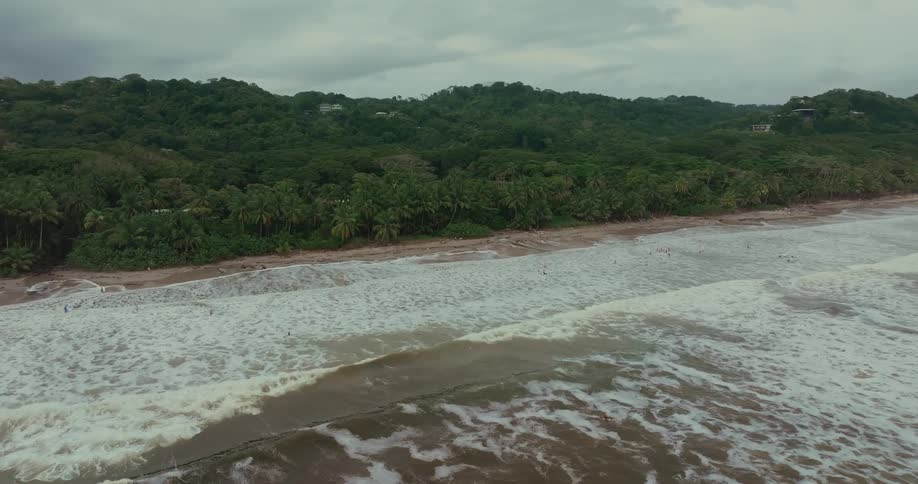 An aerial view shows a tropical beach with a lush green forest meeting the sand waves crash against the shore and people can be seen swimming in the water