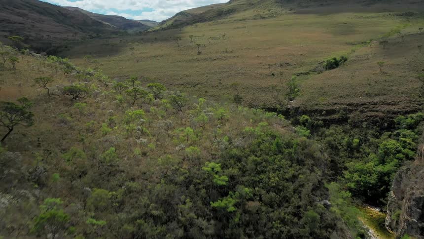 An aerial shot tilts up from a deep treefilled canyon to reveal a vast landscape of arid rolling hills under a partly cloudy sky