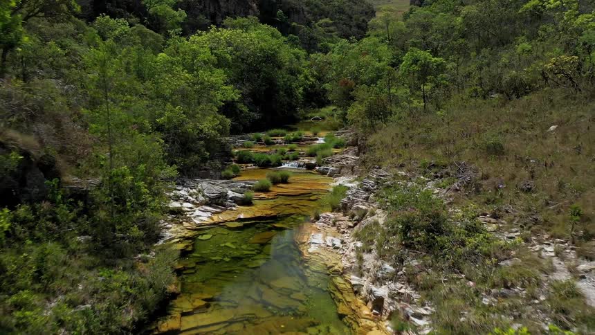 A high angle view from above a stream shows clear brown colored water flowing over a rocky riverbed with a lush green forest on the left and a dry rocky hillside with sparse vegetation on the right