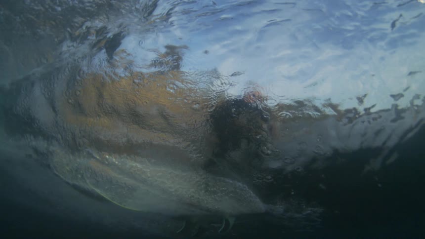 The surfboard passes by from underwater