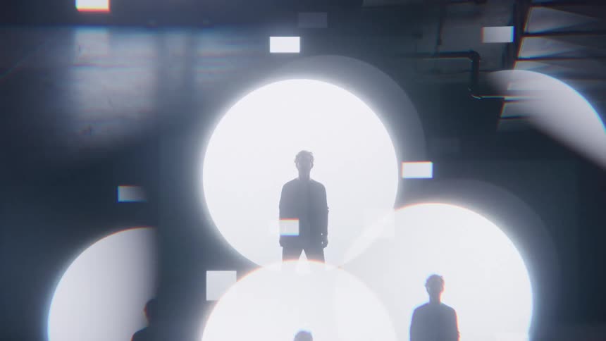 Human silhouette illuminated by circles of light in a dark setting