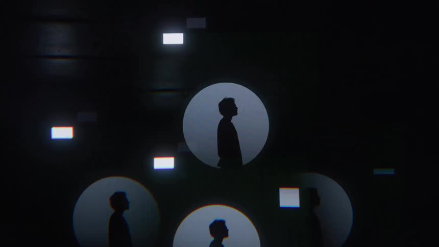 Overlapping circles and floating squares frame figures in a surreal tableau