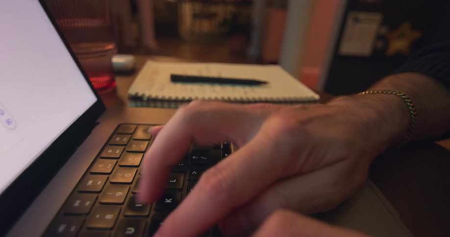 Closeup of hands typing on a laptop keyboard on a desk indoors