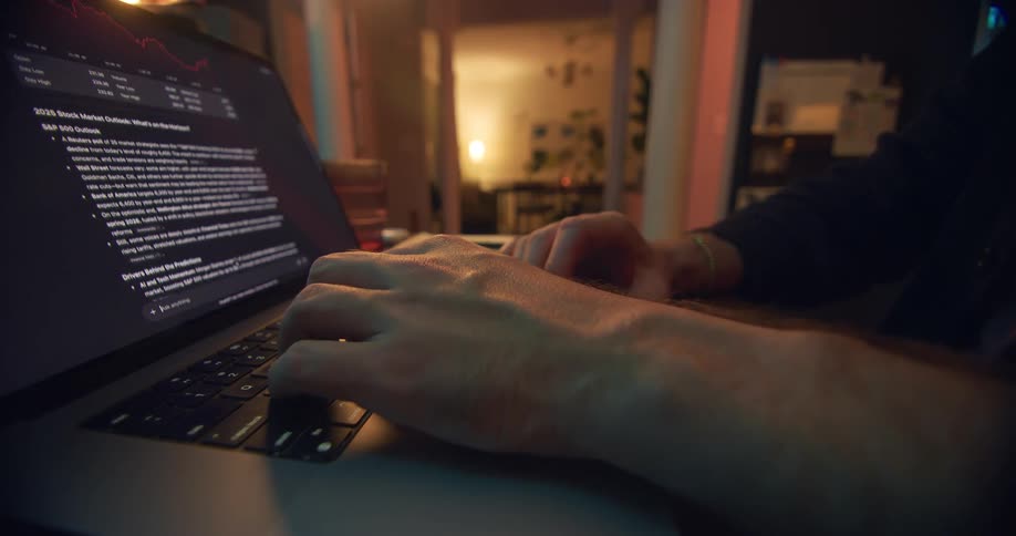 A man is seated at a table while reviewing information on his laptop