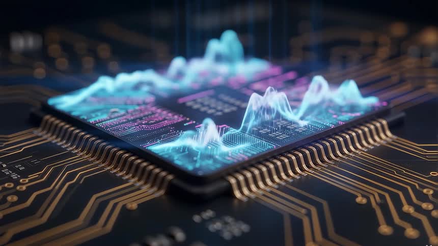 Close up of holographic waves on an electronic circuit board component
