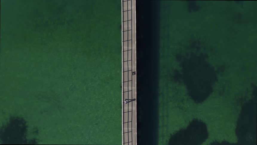 A man and his dog walk on a long bridge over the water