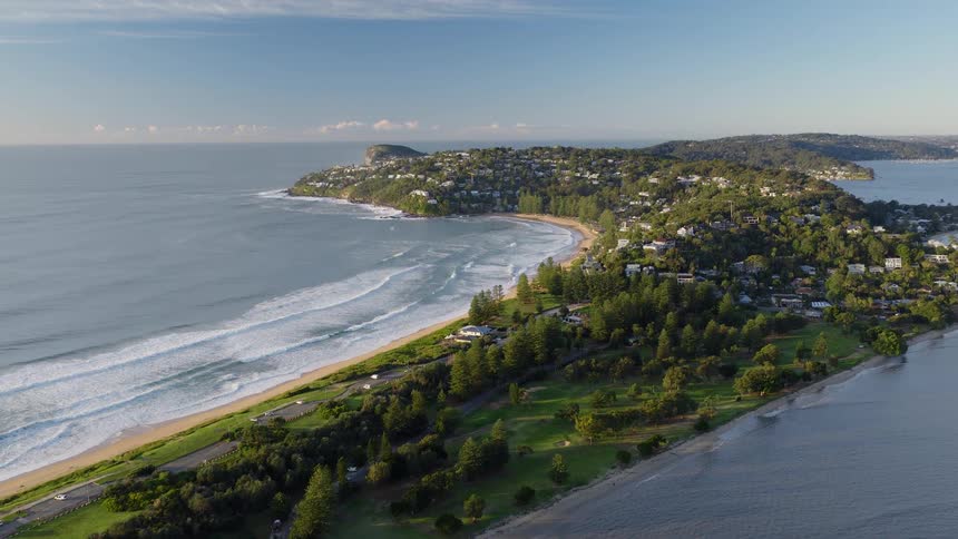 An aerial shot captures a long stretch of sandy beach curving around a headland covered with green trees and buildings where gentle waves break on the shore