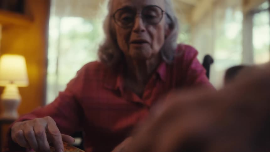 Two elderly people work on a jigsaw puzzle together while sitting at home during the daytime