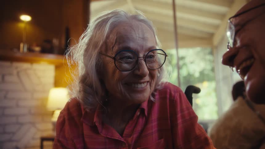 Close up of an elderly man and woman laughing and conversing together while sitting at a table indoors during daytime