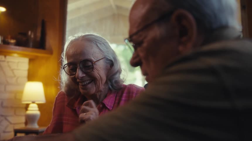 An elderly couple sitting in the living room having a fun time together as the man serves the woman a drink