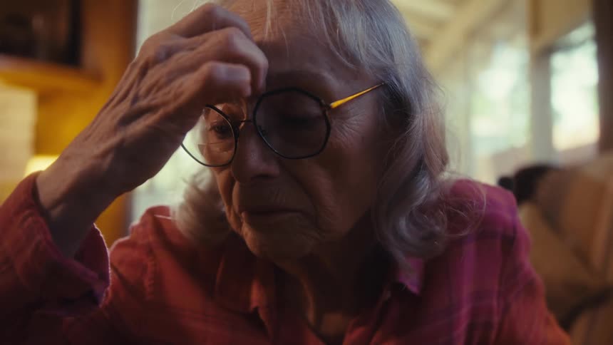 White elderly woman sitting down in front of a table looking intently while scratching her head and frowning with an elderly white man by her side indoors during day time