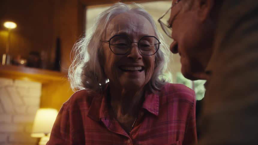 An elderly couple share a warm and emotional moment together