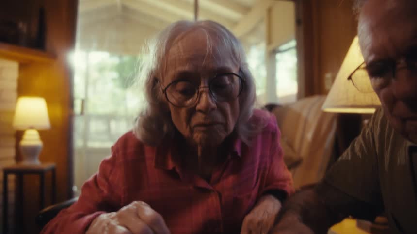 Elderly man and woman sitting down on a table playing with a jigsaw puzzle indoors during day time