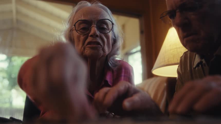 Elderly couple focuses on assembling puzzle pieces together