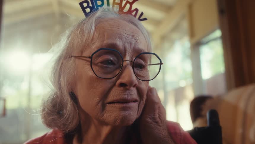 The face of an elderly woman wearing glasses and a birthday hat who is crying with emotion while someone strokes her neck with their hand