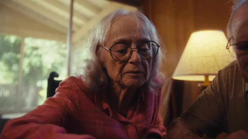 Two elderly people a woman and a man are sitting together at a table and working on a jigsaw puzzle they are focused on the pieces and the man gestures with his hand as he seems to be talking to the woman