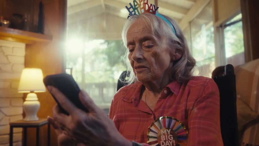 Elderly woman wearing a happy birthday headband looks at her phone with a birthday badge