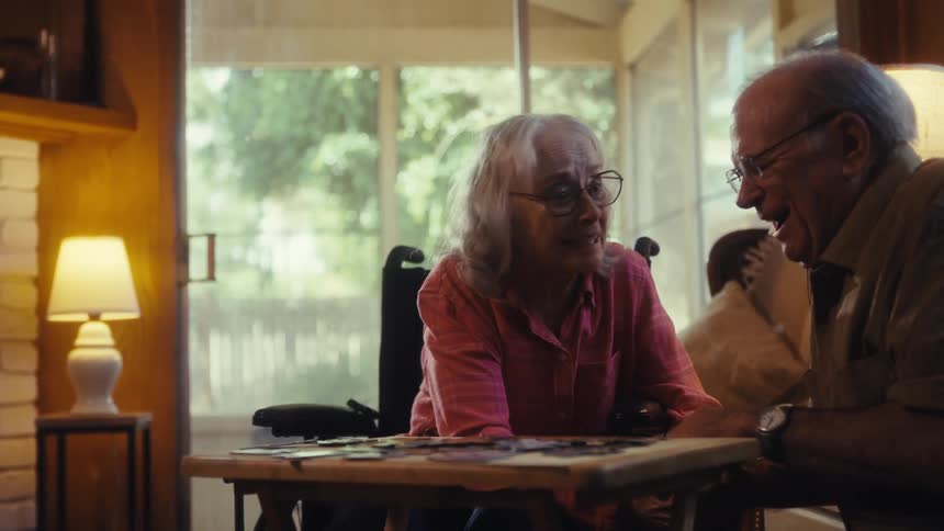 The video shows two elderly people a man and a woman sitting at a table in what appears to be a sunroom they are engrossed in a board game talking to each other and laughing the man gestures with his hands while speaking