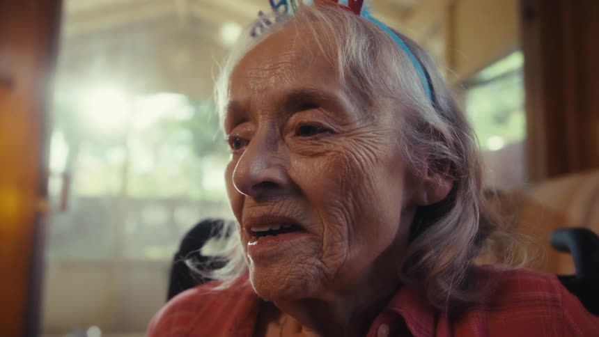 The woman is smiling at her birthday party