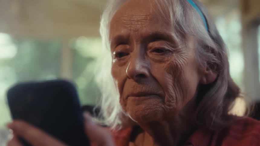 The video shows an elderly woman possibly celebrating her birthday wearing a headband that says birthday on it she is holding a smartphone in her hands looking at it with a contemplative or somewhat sad expression as she brings one hand up to he