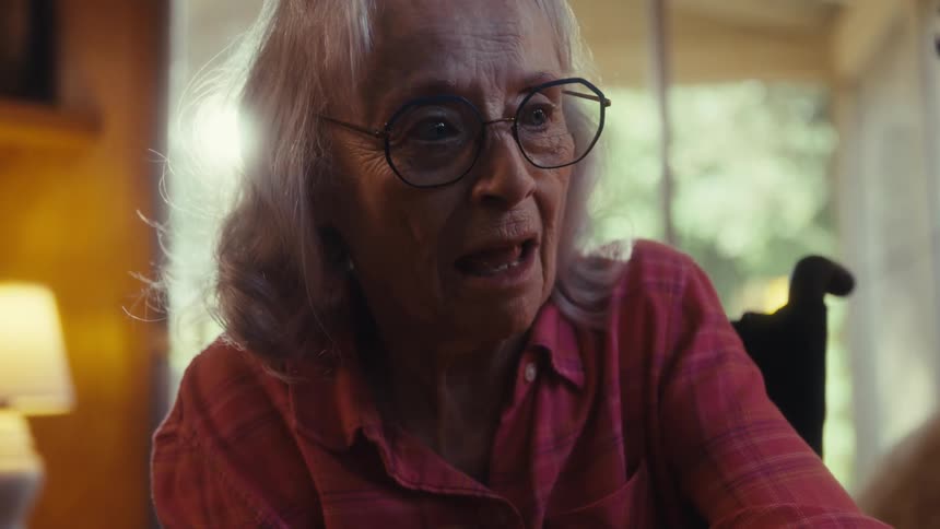 An elderly woman smiles as she talks to her male companion