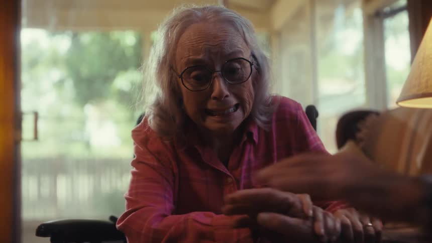 An elderly woman with long gray hair and glasses is doing a jigsaw puzzle with another person she looks delighted and surprised clasping her hands and then laughing joyfully as she looks at her partner