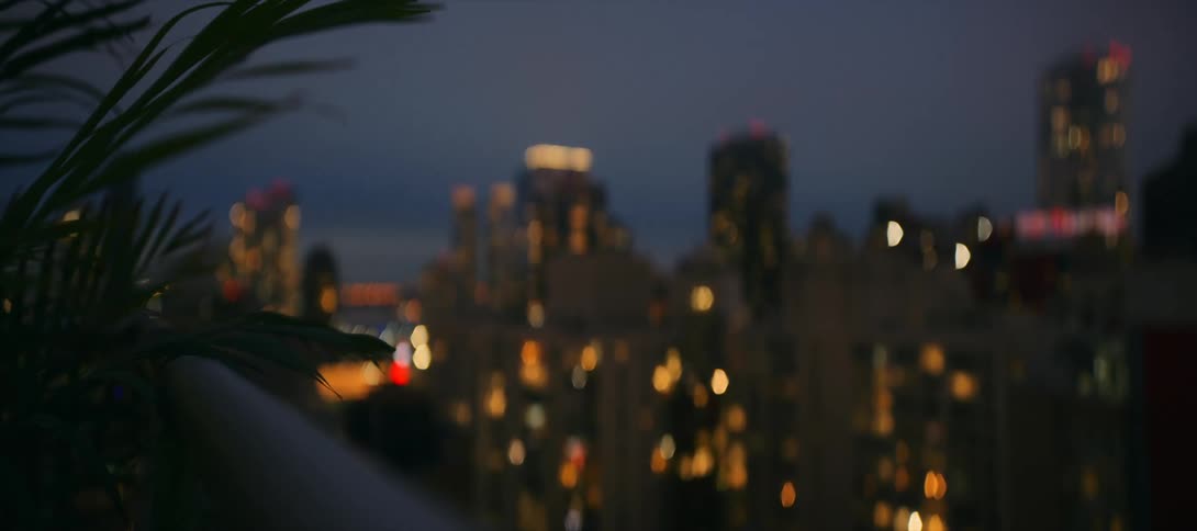 Metropolitan city skyline from a balcony at night