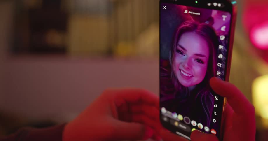 Close up of a person editing a photo on snapchat with their mobile phone