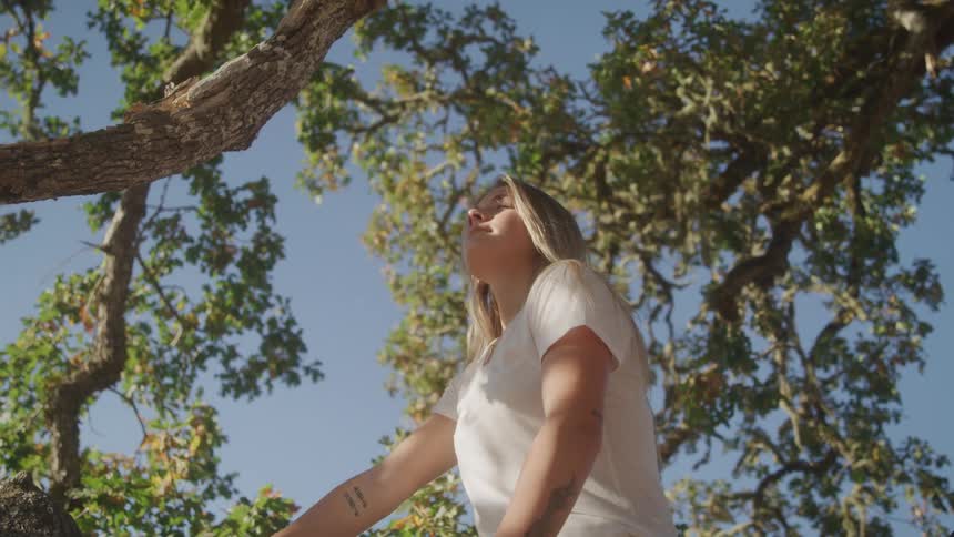 A low angle shot shows a blonde woman in a white tshirt sitting on a thick tree branch looking up at the leaves against a blue sky
